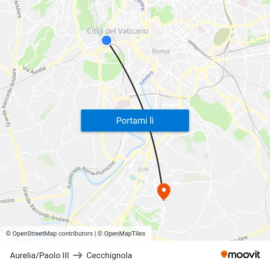 Aurelia/Paolo III to Cecchignola map
