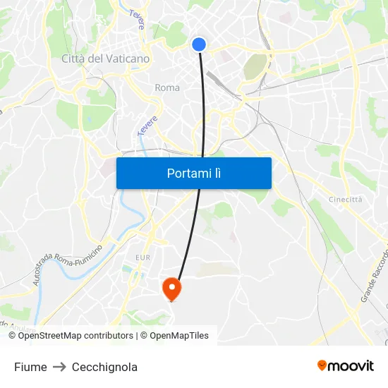 Fiume to Cecchignola map