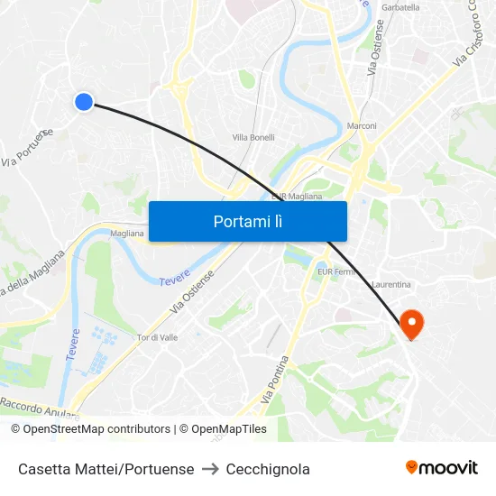 Casetta Mattei/Portuense to Cecchignola map