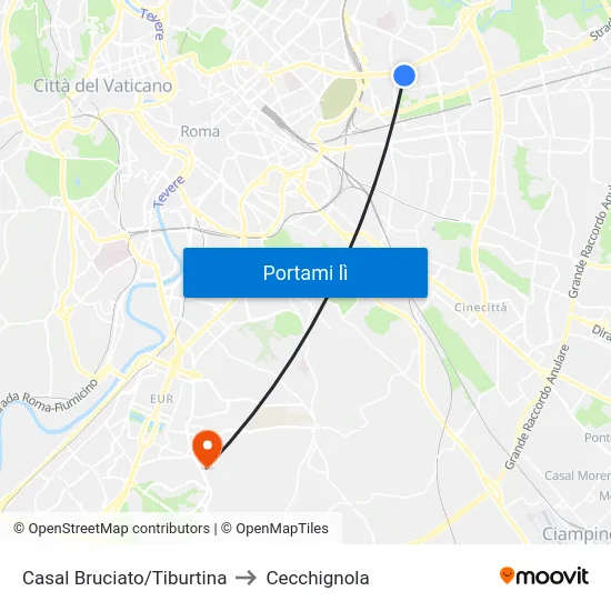 Casal Bruciato/Tiburtina to Cecchignola map