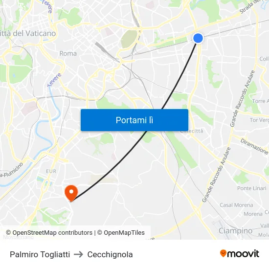 Palmiro Togliatti to Cecchignola map