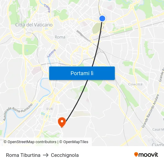 Roma Tiburtina to Cecchignola map