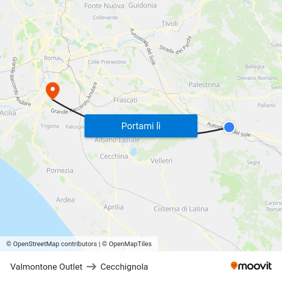 Valmontone Outlet to Cecchignola map