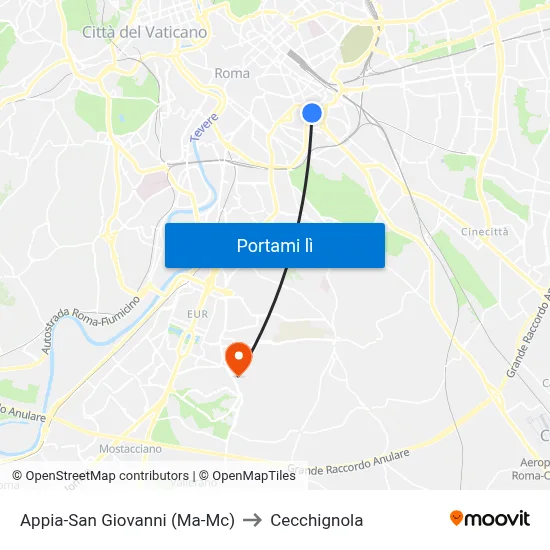 Appia-San Giovanni (Ma-Mc) to Cecchignola map
