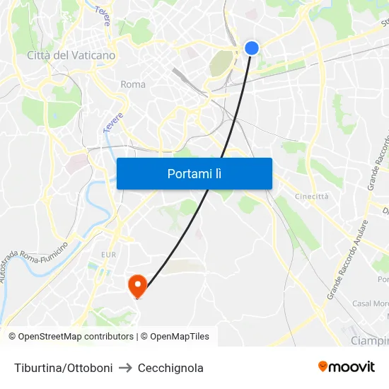 Tiburtina/Ottoboni to Cecchignola map