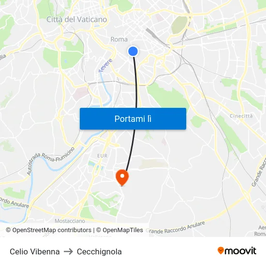 Celio Vibenna to Cecchignola map