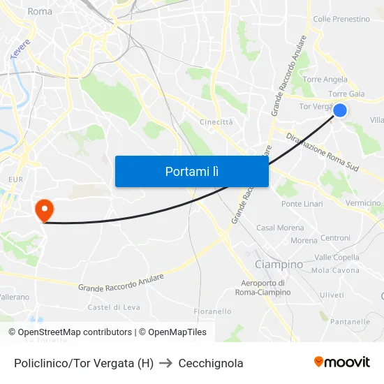 Policlinico/Tor Vergata (H) to Cecchignola map