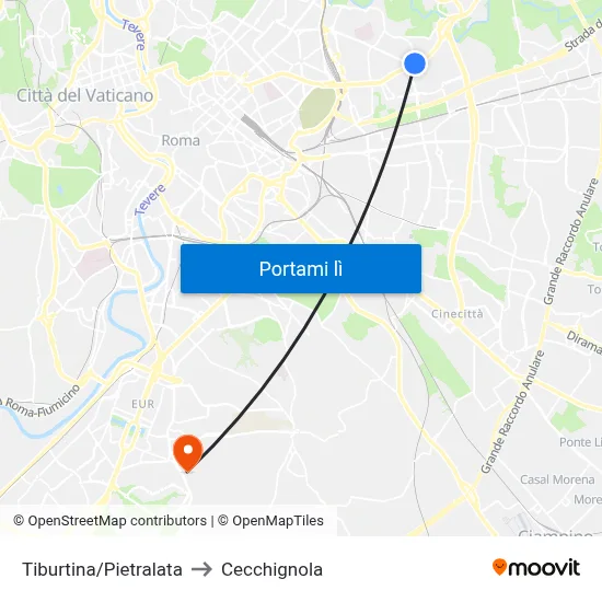 Tiburtina/Pietralata to Cecchignola map