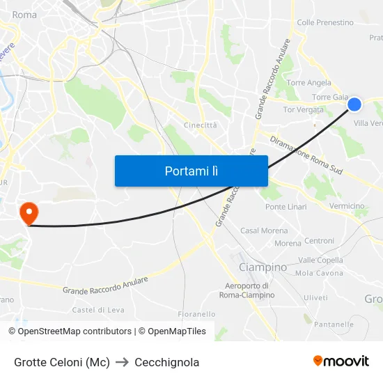 Grotte Celoni (Mc) to Cecchignola map