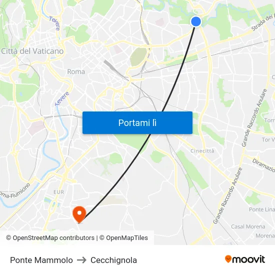 Ponte Mammolo to Cecchignola map