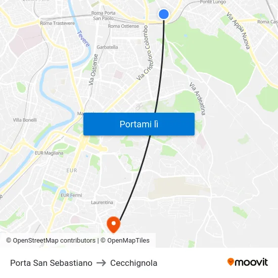 Porta San Sebastiano to Cecchignola map