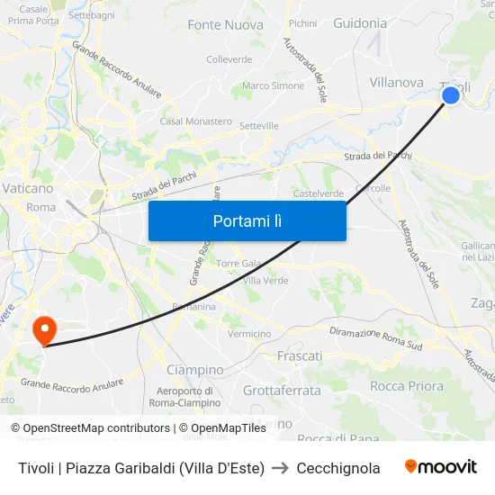 Tivoli | Piazza Garibaldi (Villa D'Este) to Cecchignola map