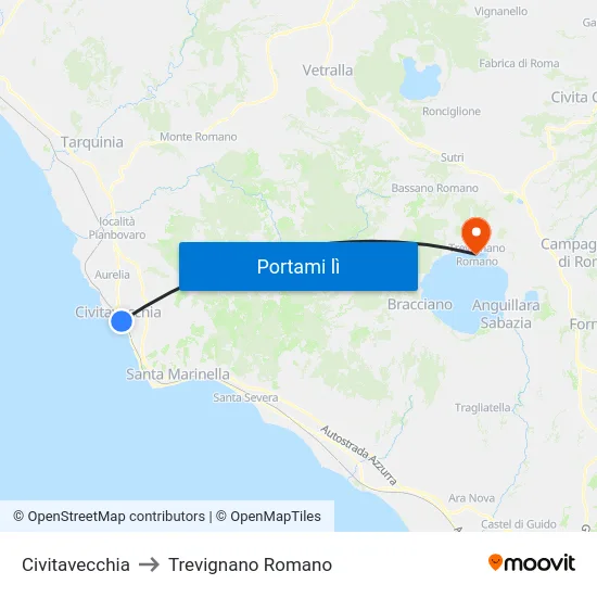 Civitavecchia to Trevignano Romano map