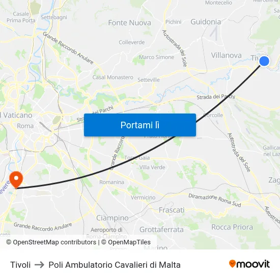 Tivoli to Poli Ambulatorio Cavalieri di Malta map