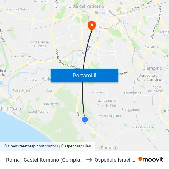 Roma | Castel Romano (Complanare) to Ospedale Israelitico map