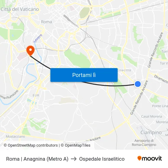Roma | Anagnina (Metro A) to Ospedale Israelitico map
