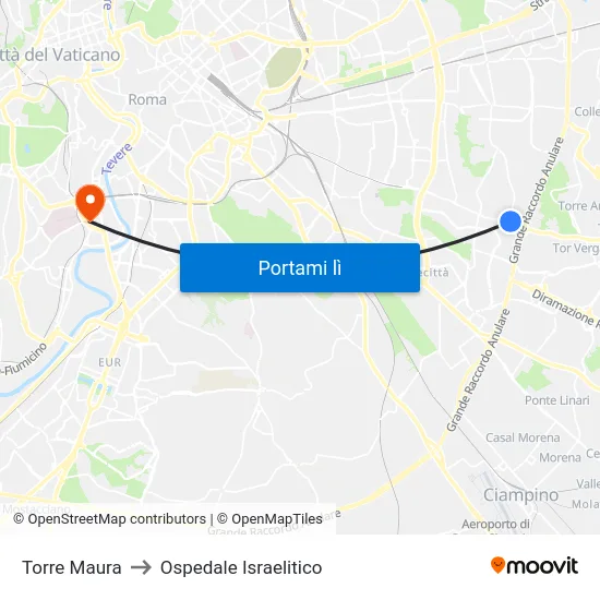 Torre Maura to Ospedale Israelitico map