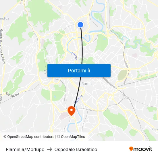 Flaminia/Morlupo to Ospedale Israelitico map