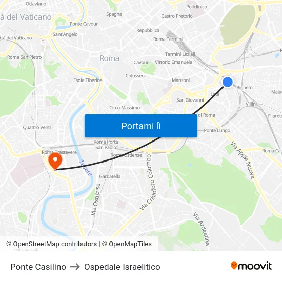 Ponte Casilino to Ospedale Israelitico map