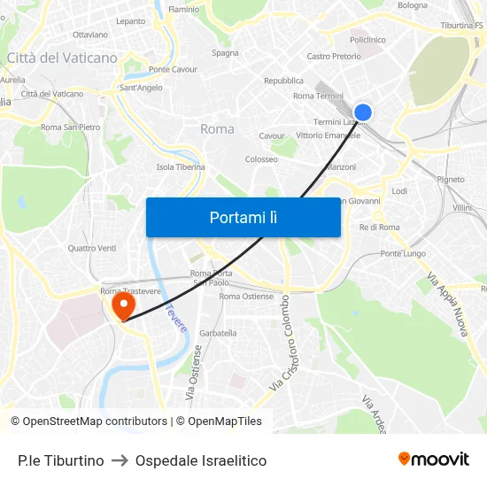 P.le Tiburtino to Ospedale Israelitico map