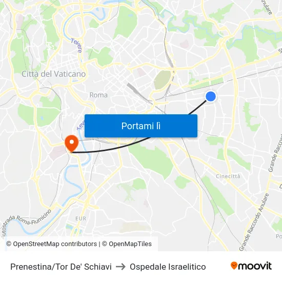 Prenestina/Tor De' Schiavi to Ospedale Israelitico map