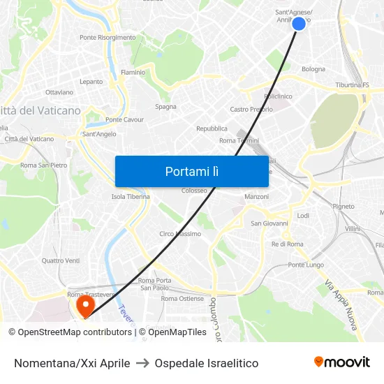 Nomentana/Xxi Aprile to Ospedale Israelitico map