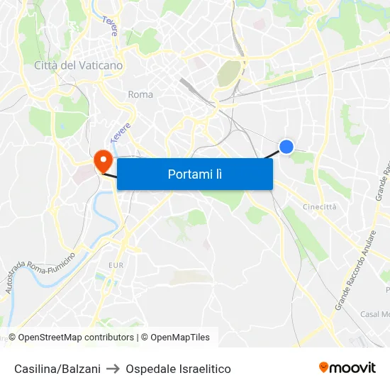 Casilina/Balzani to Ospedale Israelitico map