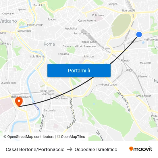 Casal Bertone/Portonaccio to Ospedale Israelitico map