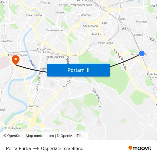 Porta Furba to Ospedale Israelitico map
