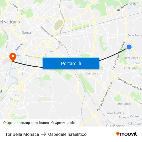 Tor Bella Monaca to Ospedale Israelitico map