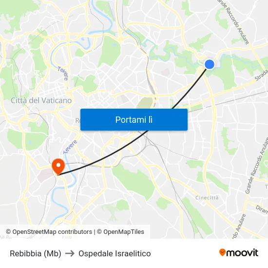 Rebibbia (Mb) to Ospedale Israelitico map