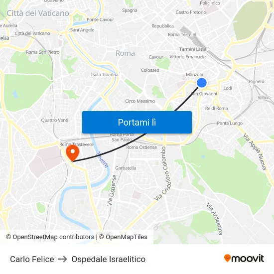 Carlo Felice to Ospedale Israelitico map