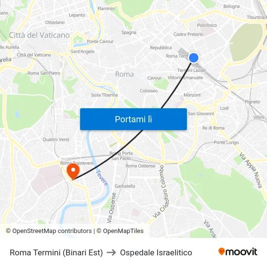 Roma Termini (Binari Est) to Ospedale Israelitico map