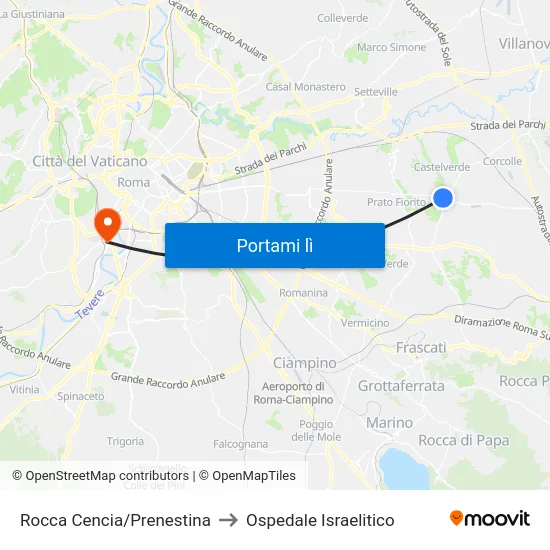 Rocca Cencia/Prenestina to Ospedale Israelitico map