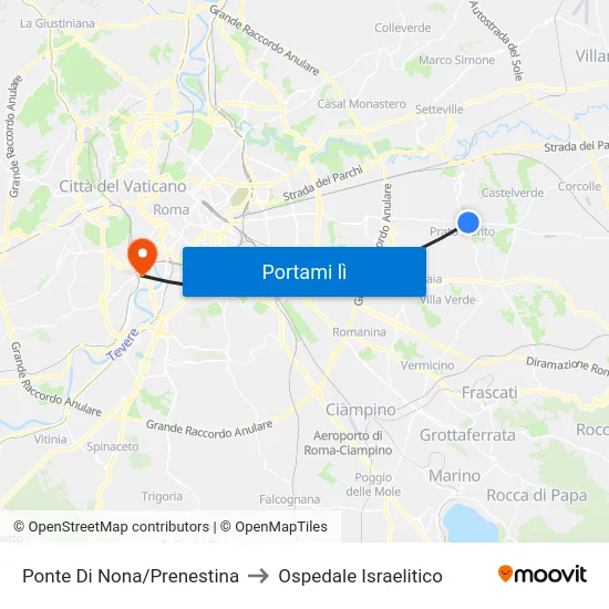 Ponte Di Nona/Prenestina to Ospedale Israelitico map