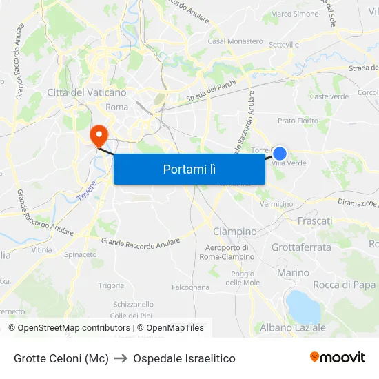 Grotte Celoni (Mc) to Ospedale Israelitico map