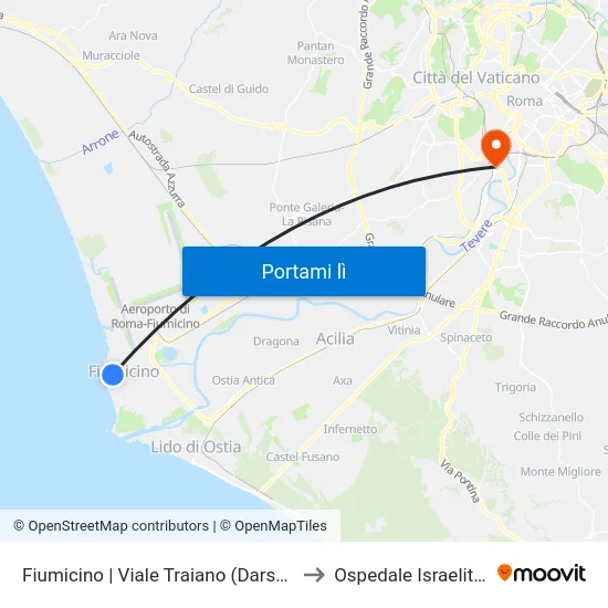 Fiumicino | Viale Traiano (Darsena) to Ospedale Israelitico map
