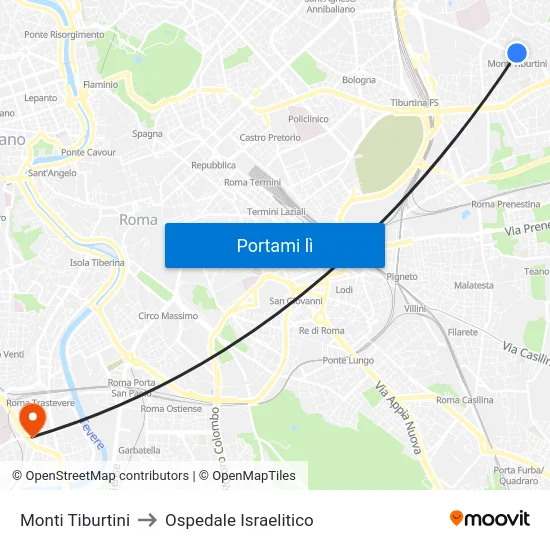 Monti Tiburtini to Ospedale Israelitico map