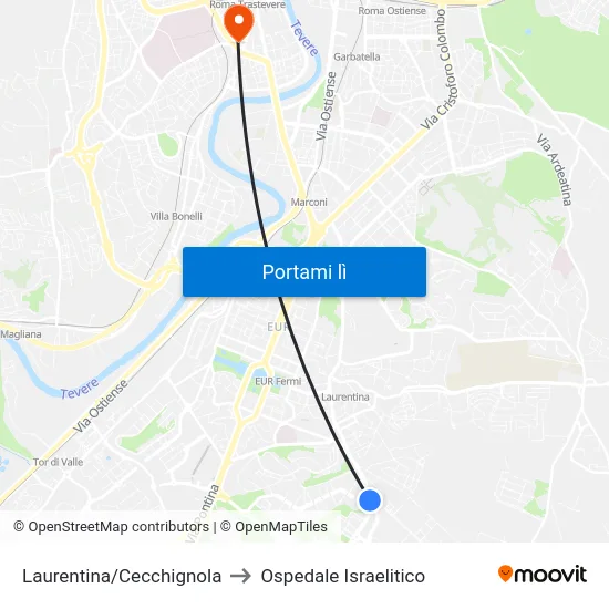 Laurentina/Cecchignola to Ospedale Israelitico map