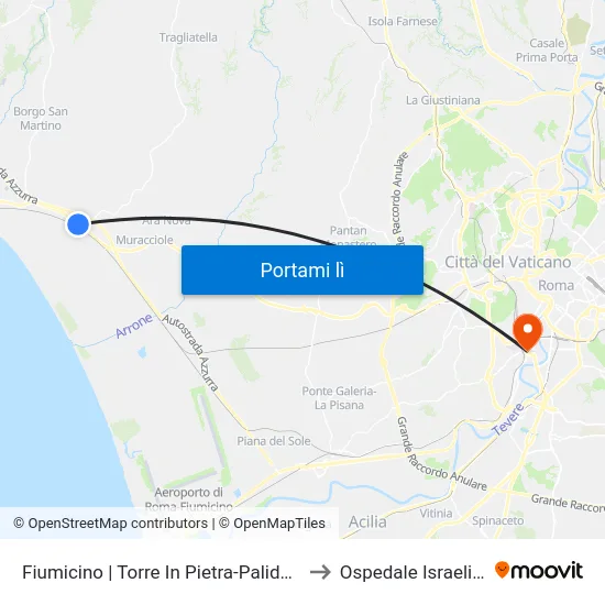 Fiumicino | Torre In Pietra-Palidoro FS to Ospedale Israelitico map