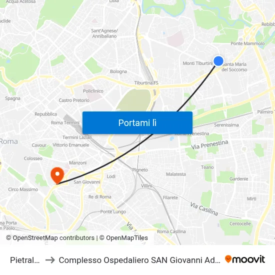 Pietralata to Complesso Ospedaliero SAN Giovanni Addolorata map