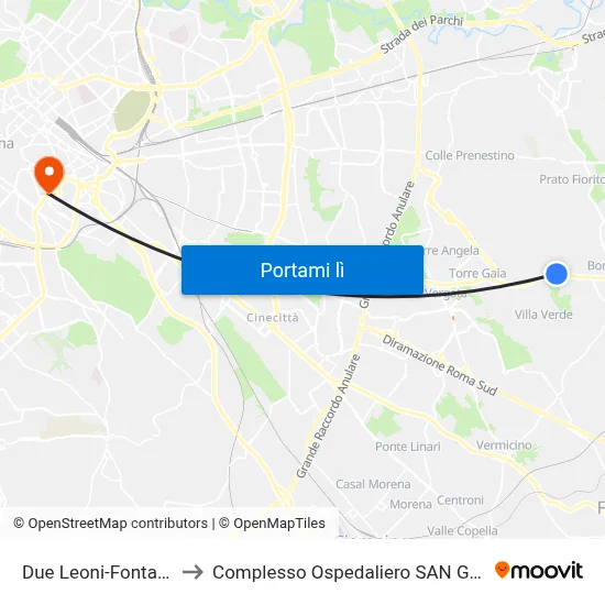 Due Leoni-Fontana Candida to Complesso Ospedaliero SAN Giovanni Addolorata map