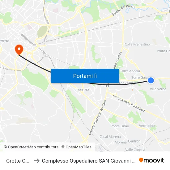 Grotte Celoni to Complesso Ospedaliero SAN Giovanni Addolorata map