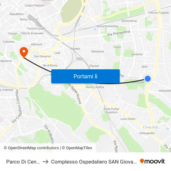 Parco Di Centocelle to Complesso Ospedaliero SAN Giovanni Addolorata map