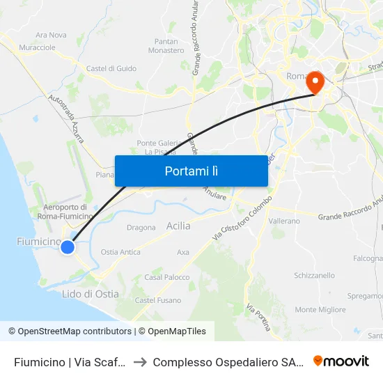 Fiumicino | Via Scafa Via Coni Zugna to Complesso Ospedaliero SAN Giovanni Addolorata map