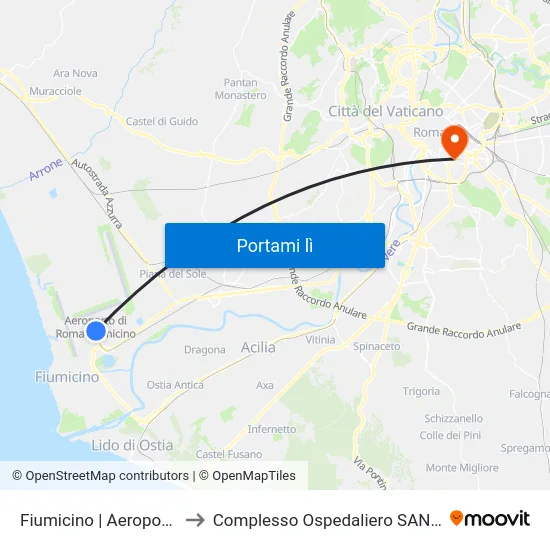 Fiumicino | Aeroporto (Terminal 1) to Complesso Ospedaliero SAN Giovanni Addolorata map