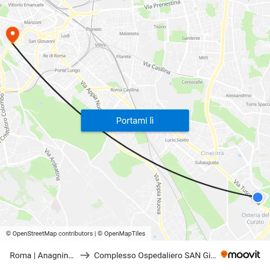 Roma | Anagnina (Metro A) to Complesso Ospedaliero SAN Giovanni Addolorata map