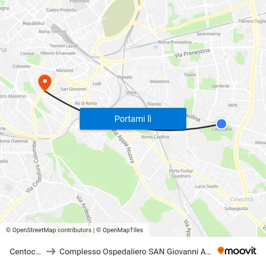 Centocelle to Complesso Ospedaliero SAN Giovanni Addolorata map
