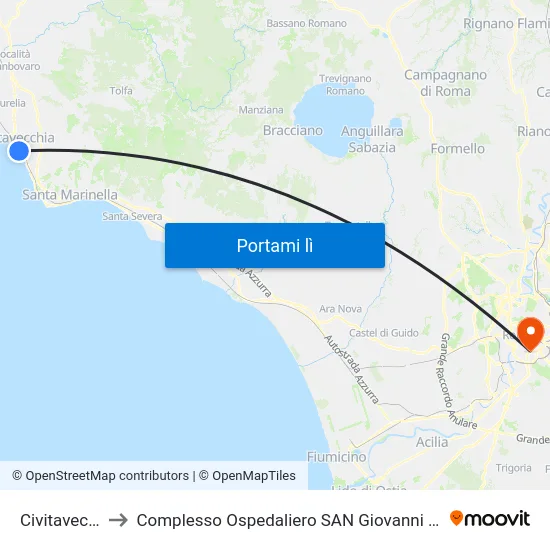 Civitavecchia to Complesso Ospedaliero SAN Giovanni Addolorata map