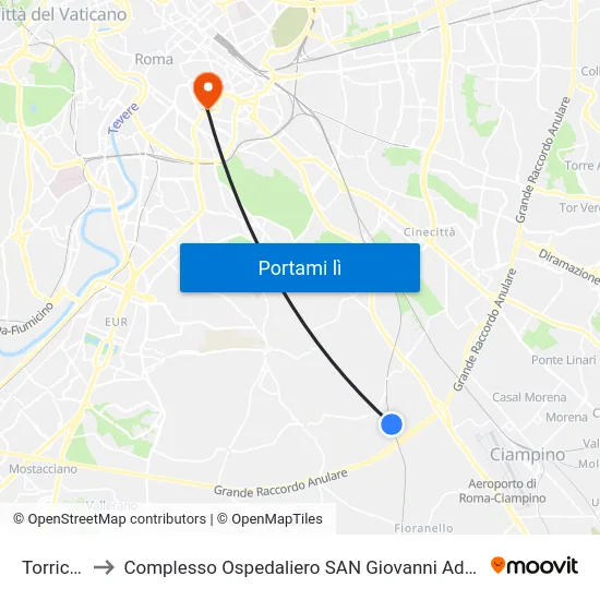Torricola to Complesso Ospedaliero SAN Giovanni Addolorata map